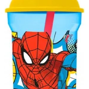 Vaso Tapa Alta + Pajita 460 Ml Spiderman Amarillo Y Azul